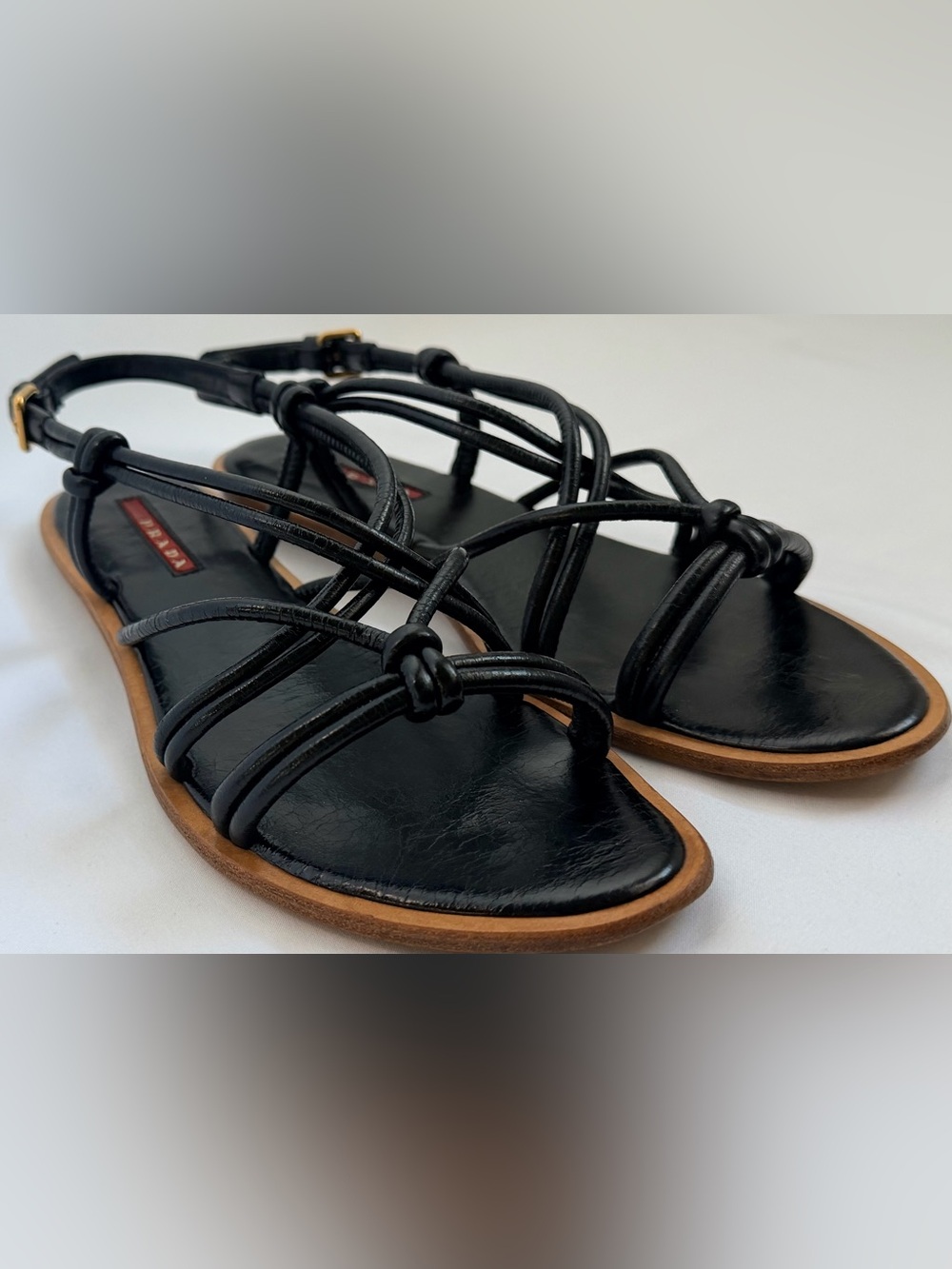 Vintage Prada Sport Linea Rossa Y2K Black Leather Strappy Sandals 37.5